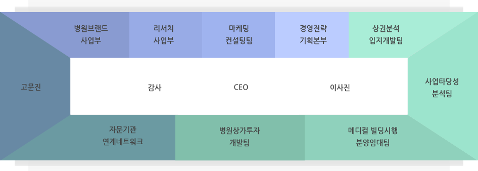 감사,CEO,이사진 - 병원브랜드 사업부,리서치 사업부,마케팅 컨설팅팀,경영전략 기획본부,상권분석 입지개발팀,사업타당성 분석팀,메디컬 빌딩시행 분양임대팀,병원상가투자 개발팀,자문기관 연계네트워크,고문진